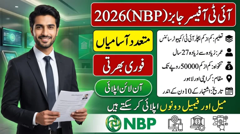 NBP IT Officer Jobs 2026 featured image showing IT officer vacancies, eligibility details, Karachi and Lahore posting, and online apply information.