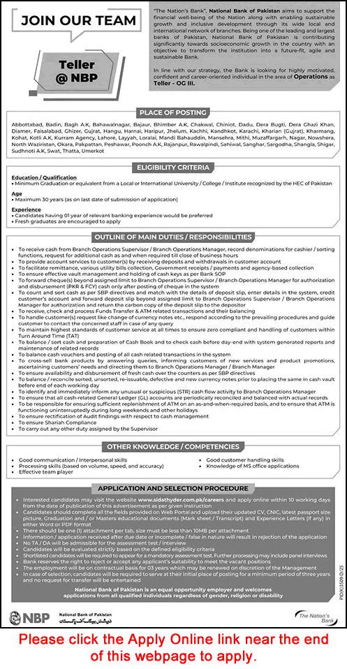 NBP Teller Jobs 2026 – National Bank of Pakistan OG III Job Advertisement for Operations Department