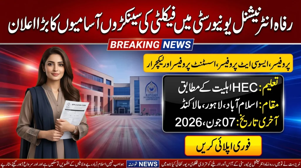 Riphah International University Faculty Jobs 2026 Breaking News announcement for Professor, Associate Professor, Assistant Professor, and Lecturer vacancies at Islamabad, Lahore, and Malakand campuses. Education requirement as per HEC eligibility criteria. Last date to apply is June 07, 2026.